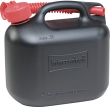 Svart 5-liters bränsledunk med rött påfyllningsrör