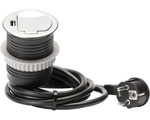 Infällt uttag och USB svart/silver med kabel H05VV-F3G1,5mm² 1,5m