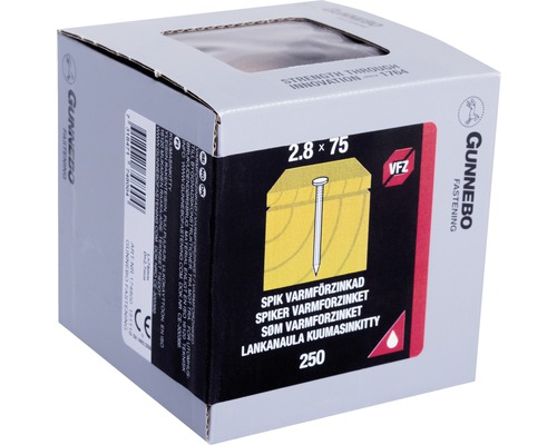 Spik GUNNEBO 75x2,8 varmförzinkad räfflad 250st Förpackning med 250 stycken varmförzinkade spikar, 2,8 x 75 millimeter