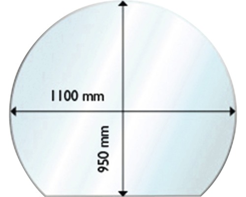 Halvcirkelformad duschkabin med mått: 1100 mm bred och 950 mm hög