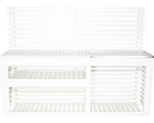 Trädgårdsbord med arbetsyta i rostfritt stål och hyllor