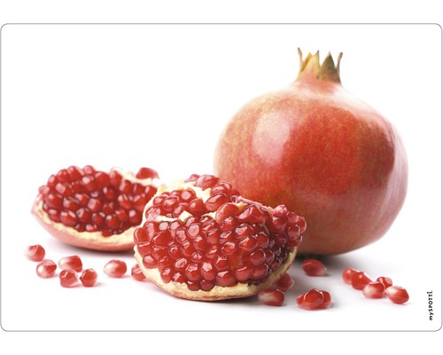 Stänkpanel för kök MYSPOTTI Pop granatäpple 590x410 mm Helt granatäpple och granatäpplehalvor med kärnor