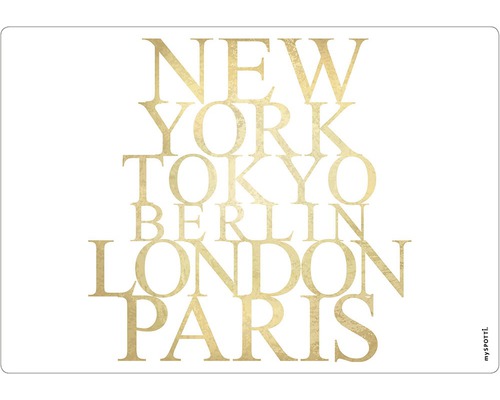 Stänkpanel för kök MYSPOTTI Pop storstäder 590x410 mm myspotti bordtablett med stadsnamnen New York, Tokyo, Berlin, London och Paris