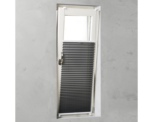 Vy motiverar ett fönster med en grå plisségardin som solskydd.