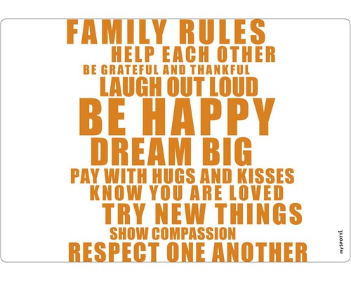 Stänkpanel för kök MYSPOTTI Pop Family Rules 590x410 mm Dekorativ skylt med texten familjeregler