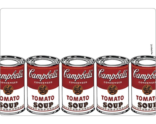 Stänkpanel för kök MYSPOTTI Pop Campbell's burkar 590x410 mm Bordsunderlägg med motiv av Campbell''s tomatsoppburkar