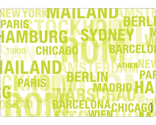 Stänkpanel för kök MYSPOTTI Pop Cities green 590x410 mm Dekorativ platta med stadsnamn mönster