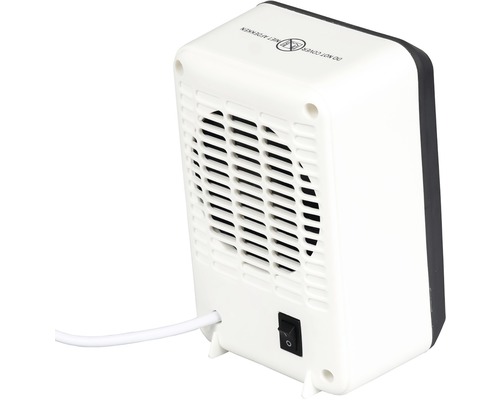 Bakifrån av en värmefläkt för inomhusbruk med strömbrytare och varningssymbol för heta ytor