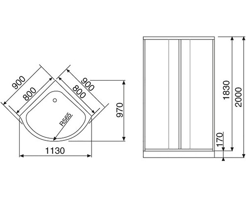Teknisk ritning av duschkabin med mått