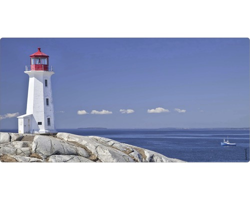 Stänkskydd till badrum MYSPOTTI Aqua blå 900 x 450 mm Lighthouse Fyr på klippor vid havet under blå himmel