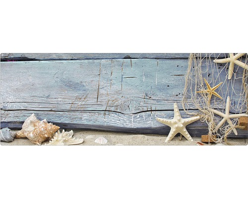Stänkskydd till badrum MYSPOTTI Aqua grå 1200 x 450 mm Seashell Dekorativ scen med trä, sand, snäckor, sjöstjärnor och fisknät