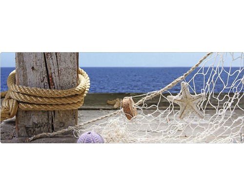 Stänkskydd till badrum MYSPOTTI Aqua blå 1200 x 450 mm Dekorativt strandmotiv med sjöstjärna och fisknät