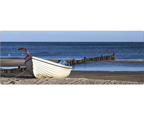 Stänkskydd till badrum MYSPOTTI Aqua blå 1200 x 450 mm Boat En vit båt ligger på stranden