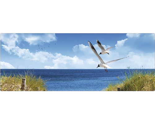 Stänkskydd till badrum MYSPOTTI Aqua blå 1200 x 450 mm Havsutsikt med flygande måsar och strandgräs