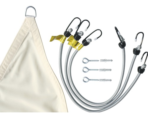 Triangulär solsegel med spännband och ögleskruvar för montering