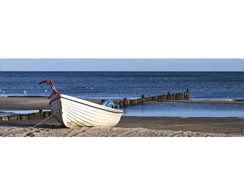 Stänkskydd till badrum MYSPOTTI Aqua blå 1400 x 450 mm Boat Båt på stranden med träpålar i vattnet