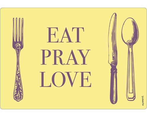 Stänkpanel för kök MYSPOTTI Pop Cover text 590x410 mm Bordsunderlägg med gaffel, kniv, sked och texten Eat Pray Love