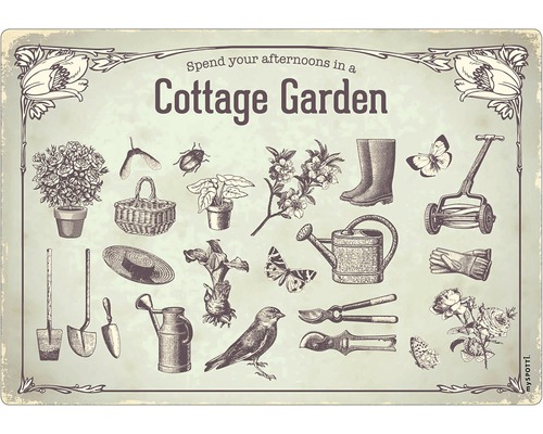 Stänkpanel för kök MYSPOTTI Pop Cottage Garden 590x410 mm Illustration av en stuga trädgård med trädgårdsredskap och växter