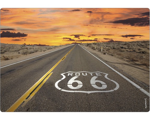 Stänkpanel för kök MYSPOTTI Pop Route 66 590x410 mm Foto av en tom väg med Route 66 målad på den under en molnig solnedgångshimmel.