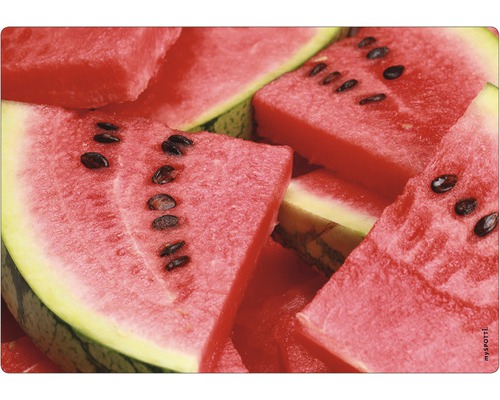 Stänkpanel för kök MYSPOTTI Pop Watermelon 590x410 mm Närbild av vattenmelonskivor med kärnor