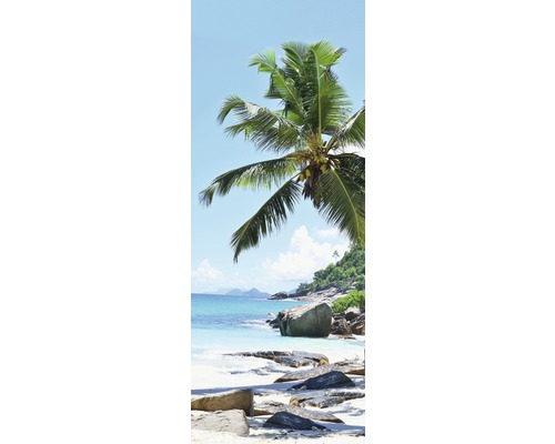 Strandvy med klippor och palm