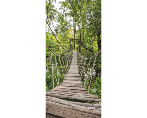 Hängbro av trä och rep i en skog