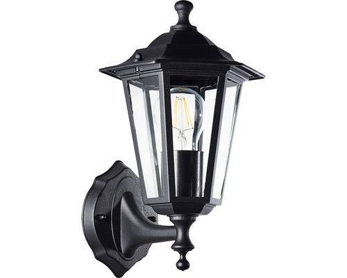 Svart vägglampa för utomhusbruk i lyktstil med klart glas