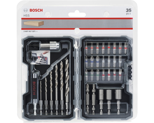 Bosch logotyp. 35-delars borr- och bitsats för trä i plastlåda.