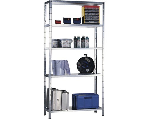 Hylla med fem nivåer och diverse verkstadsredskap