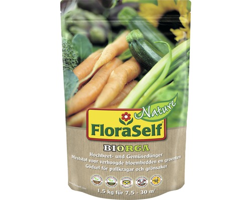 Pallkragsgödsel FLORASELF Nature Biorga 1,5kg vegan FloraSelf Bio gödsel för pallkragar och grönsaker, 1,5 kilograms förpackning