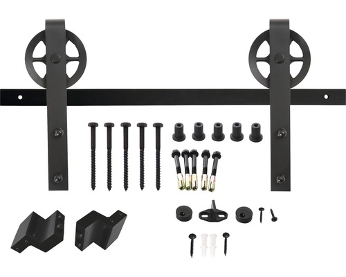 Skjutdörrsbeslagset med skena, rullar och monteringstillbehör