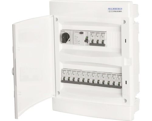 Normcentral MALMBERGS komplett i plast, 2x12 moduler jfd infälld Vit elcentral med öppen dörr och säkringar