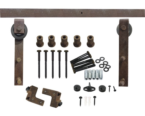 Skjutdörrsbeslagset med skena, hjul, skruvar och tillbehör