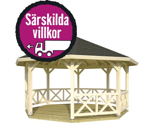 Trädgårdspaviljong i trä med symbol för särskilda leveransvillkor