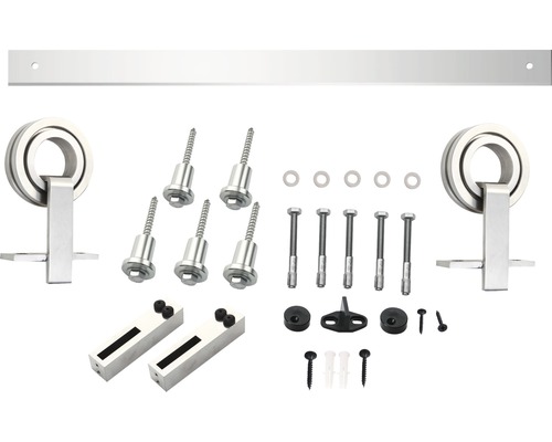 Skjutdörrsbeslag set med skena, rullar och fästmaterial