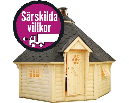 Trägrillkåta med tak och hänvisning till särskilda leveransvillkor