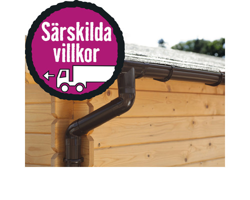Illustration av en takränna på ett trähus med skylten särskilda leveransvillkor