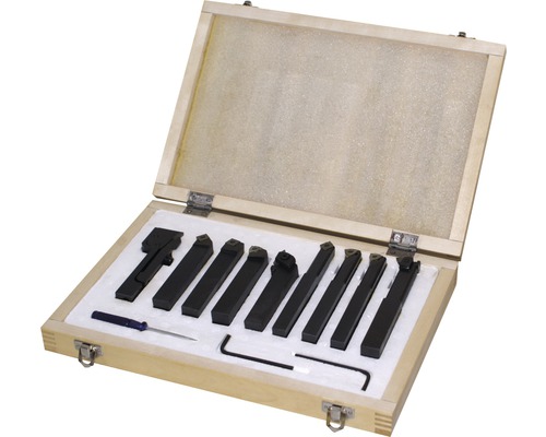 Svarvmejselset i trälåda med verktyg