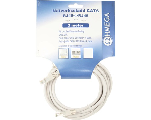 CAT6 nätverkskabel med RJ45-anslutning och tre meters längd