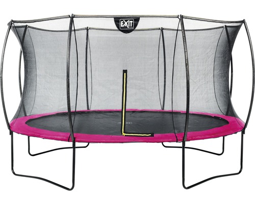 Trädgårdstrampolin med säkerhetsnät och rosa kantskydd