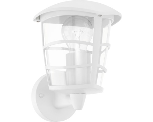 Vit utomhusvägglampa med klar lampskärm och glödlampa