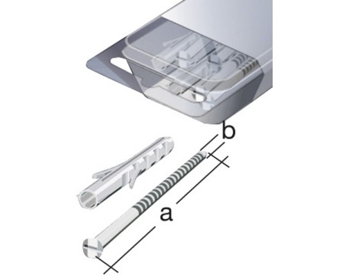 Bild av en plugg med skruv och måttangivelser i förpackning