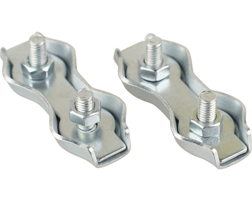 Två metallfästklämmor med skruvar och muttrar