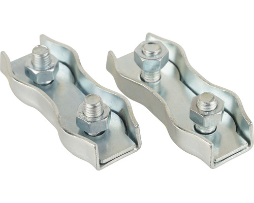 Två vajerlås av metall med skruvar för fastsättning av vajrar