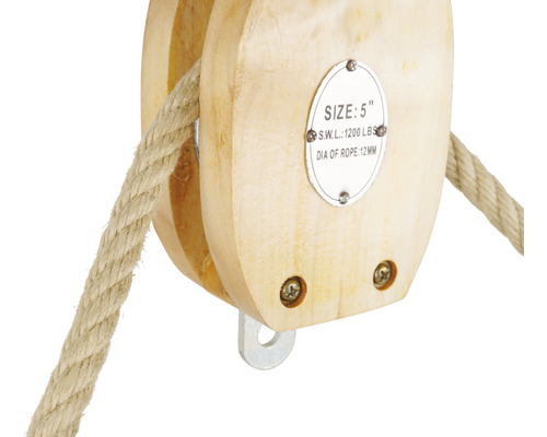 Träblock med rep, storlek 5 tum, säker arbetsbelastning 1200 pund, repdiameter 12 millimeter