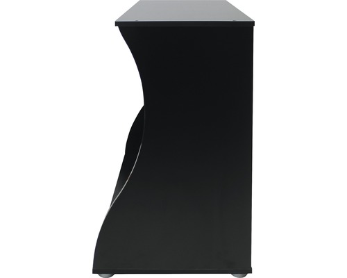 Svart akvariumskåp med hjul, sidovy