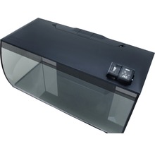 Svart akvarium med foderautomat