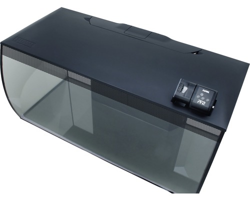 Svart akvarium med foderautomat