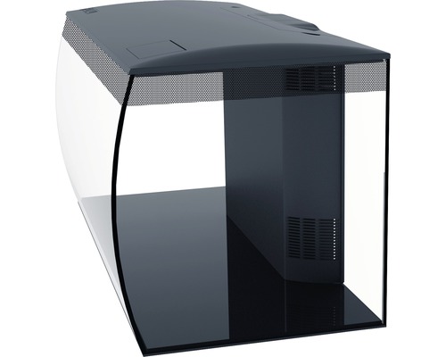 Akvarium med böjd glasfront och filtersystem