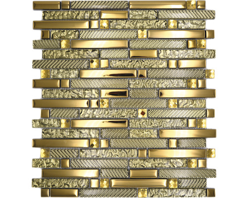 Mosaik glas med metall kristall XCM GV918 29,8x33,8cm guld Mosaikplatta med rektangulära och kvadratiska element